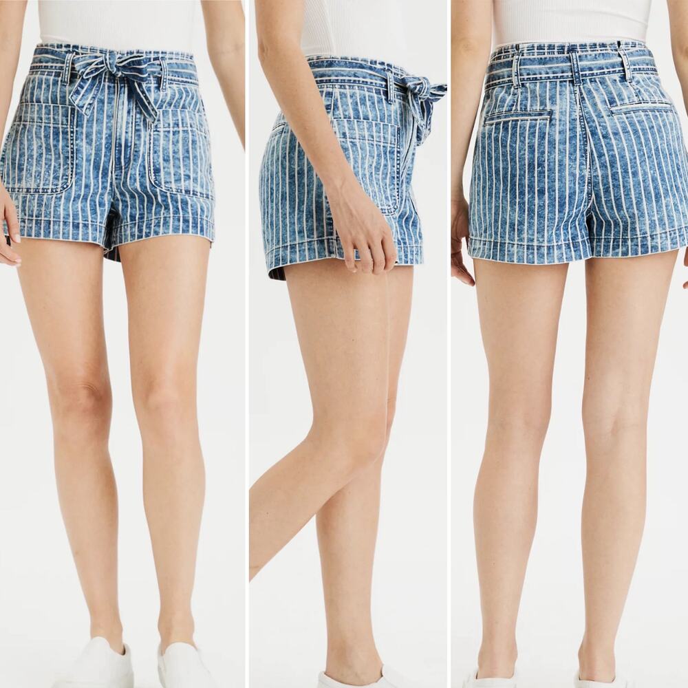 American Eagle Stretch Highest Waist Mom Shorts Acid Wash Stripes SZ 8‎ Paperbag